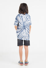 Back view as the young boy wears the Boys Navy Blue Tie-Dye T-Shirt by Gen Woo 