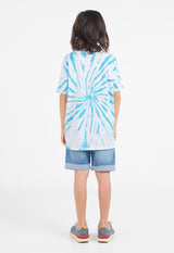 Back view as the young boy wears the Boys Blue and White Tie-Dye T-Shirt by Gen Woo 