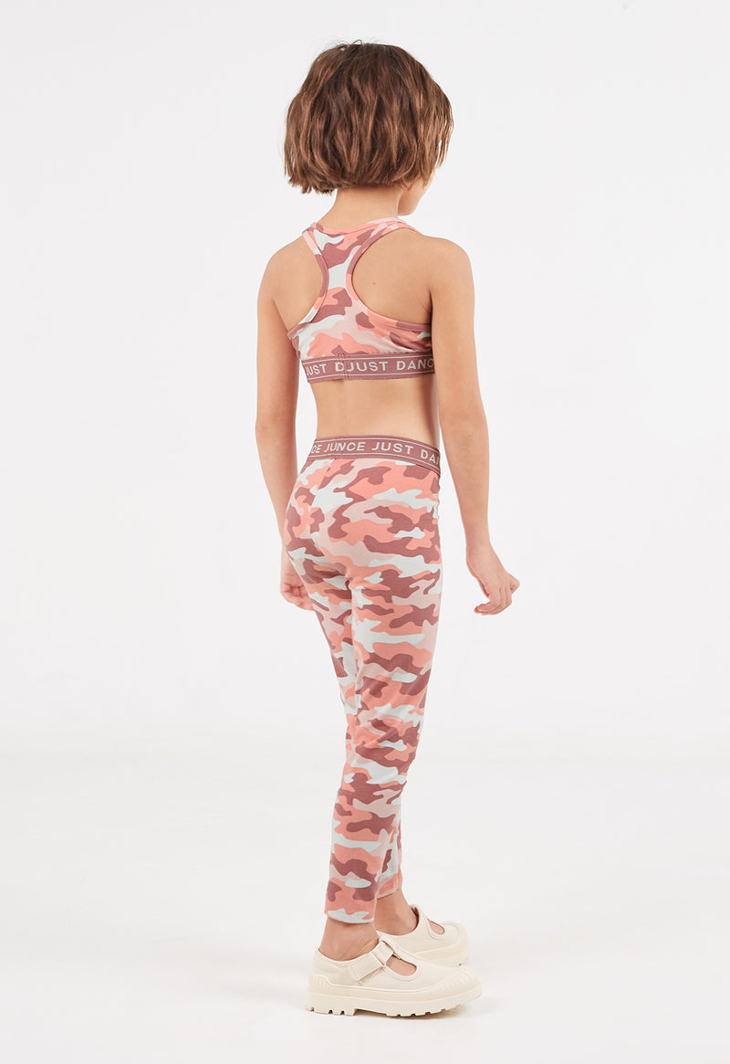 Back view of the young girl wearing the Pink Camo Girls Racer Crop Top by Gen Woo