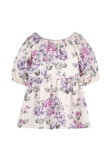 Front of the Pink and Purple Floral Bloom Girls Smock Top by Gen Woo