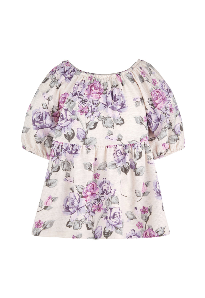 Front of the Pink and Purple Floral Bloom Girls Smock Top by Gen Woo