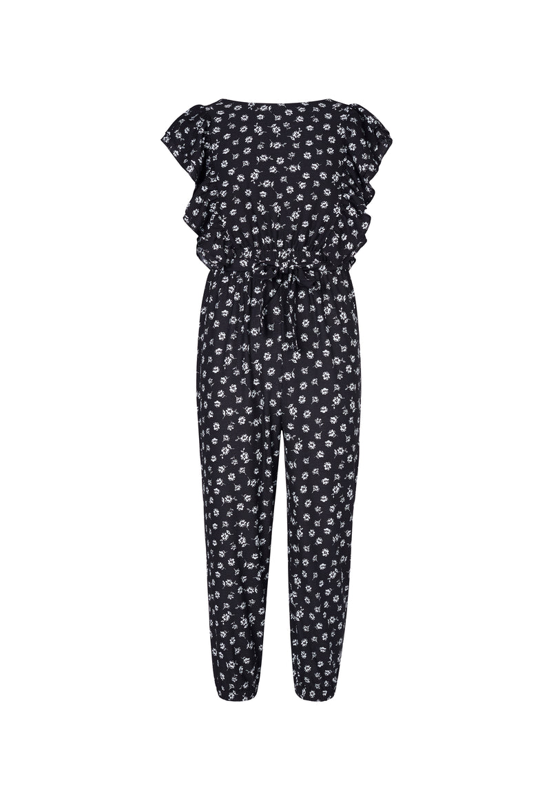 Black and White Floral Ditsy jumpsuit with waist tie for tween girls by Gen Woo Kids