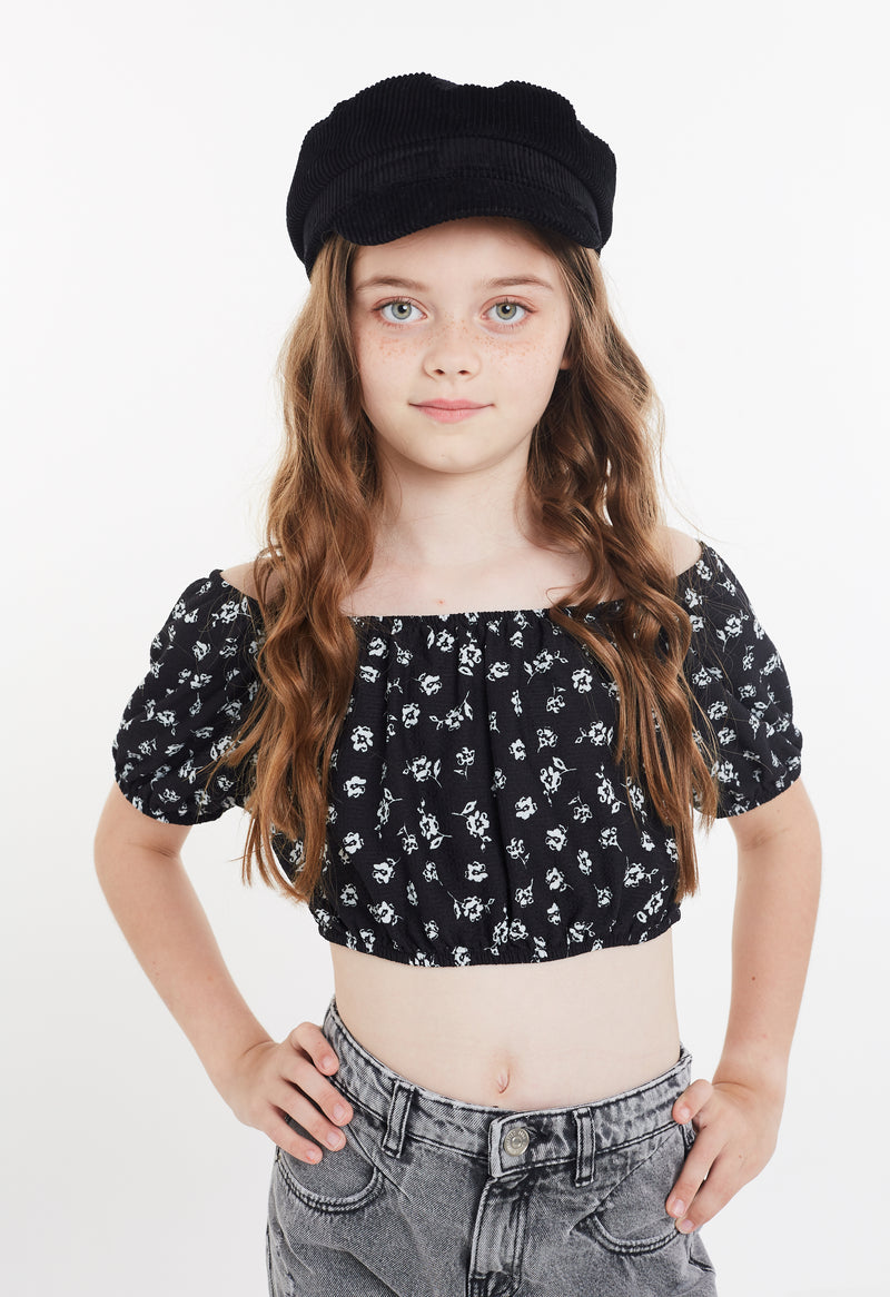 Gen Woo Tween Girls Black & White Ditsy Print Crop Top with Puff Sleeves for The Jersey Shop Singapore
