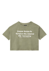 Front of the Khaki Hashtag Slogan Girls Boxy Cropped T-Shirt by Gen Woo