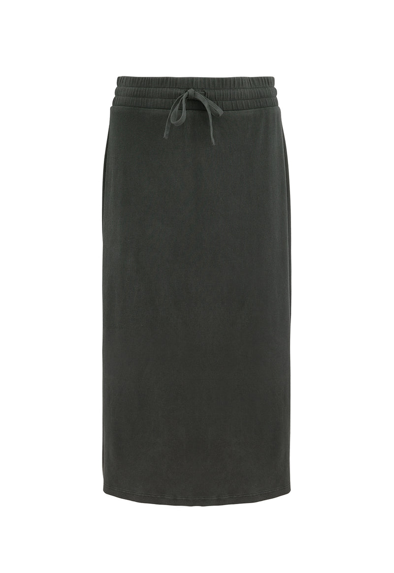 Front of the Ladies Drawstring Waist Ribbed Midi Skirt by Gen Woo