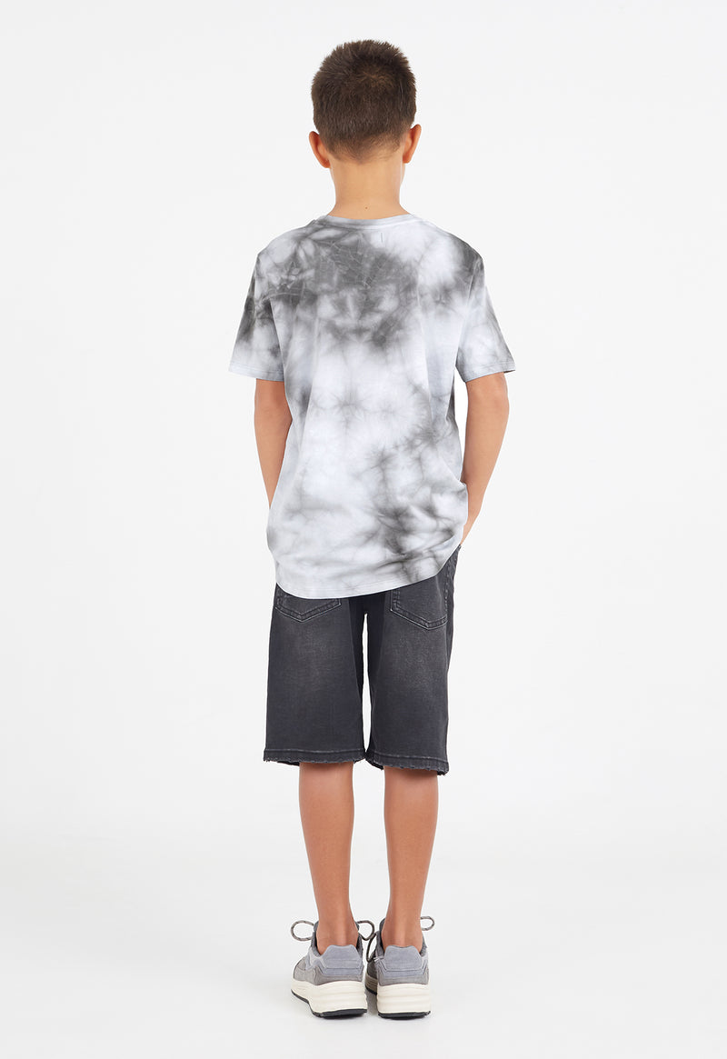 Back view as the young boy wears the Boys Grey Tie-Dye T-Shirt by Gen Woo