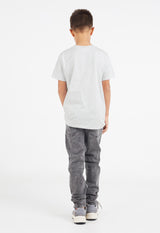Back view as the young boy wears the Boys Classic Crew Neck Grey Marl T-Shirt by Gen Woo