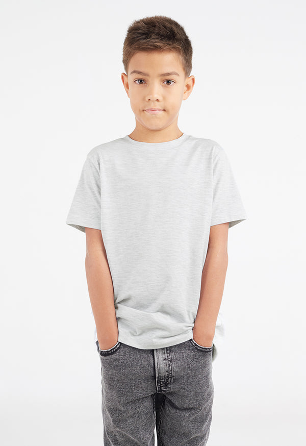 The young boy wears the Boys Classic Crew Neck Grey Marl T-Shirt by Gen Woo