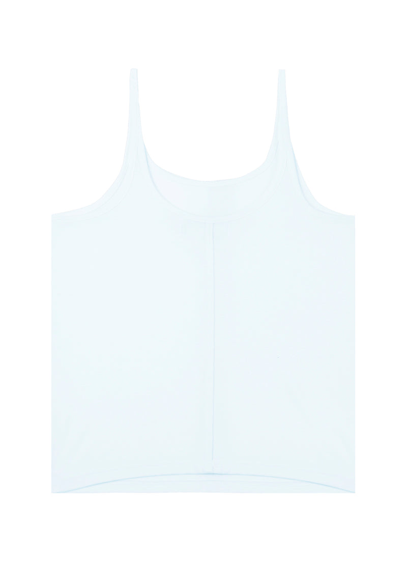 Back view of Pastel Blue Basic Ladies Longline Vest Top by Gen Woo. 