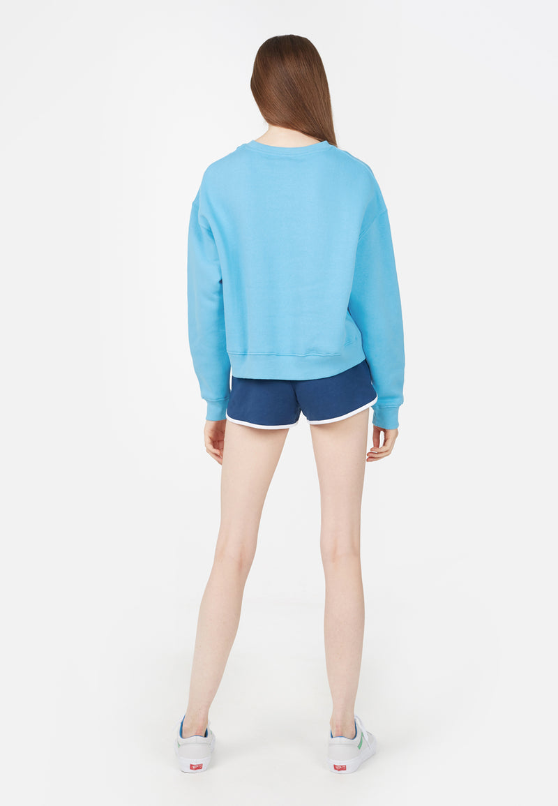 Back view of the model in the Blue Relaxed Fit Crew Neck Ladies Sweater by Gen Woo