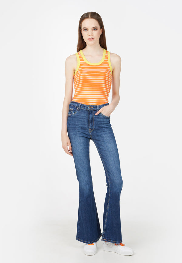 Model wears Orange Retro Contrast Stripe Ladies Vest Top by Gen Woo.