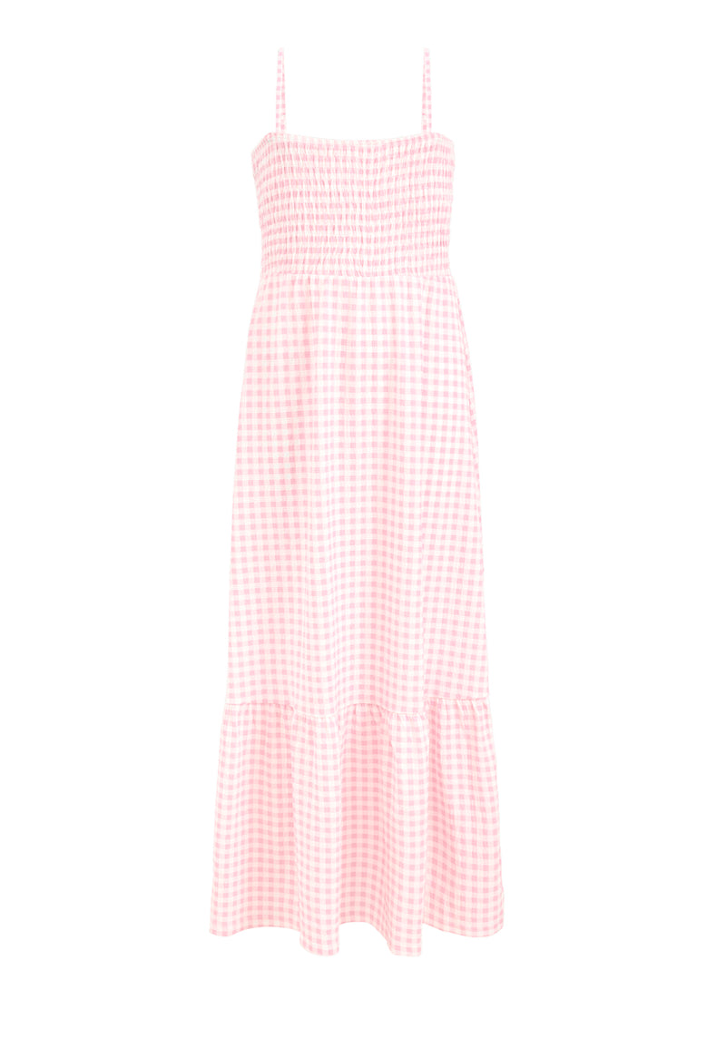 Front of the Pink Gingham Ladies Maxi Dress by Gen Woo