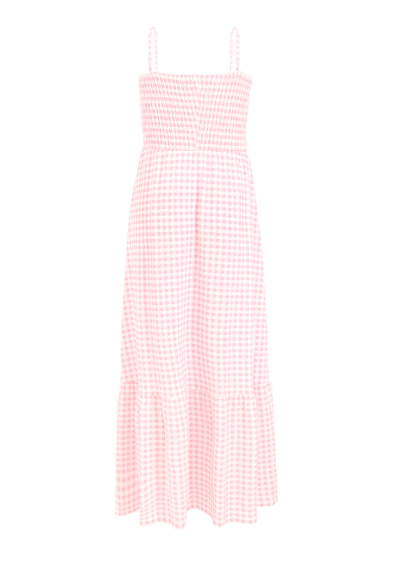 Back of the Pink Gingham Ladies Maxi Dress by Gen Woo