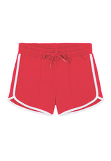  Front of the Red and White Retro Ladies Track Shorts by Gen Woo