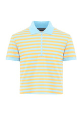 Front of the Blue and Orange Retro Striped Ladies Polo T-Shirt by Gen Woo