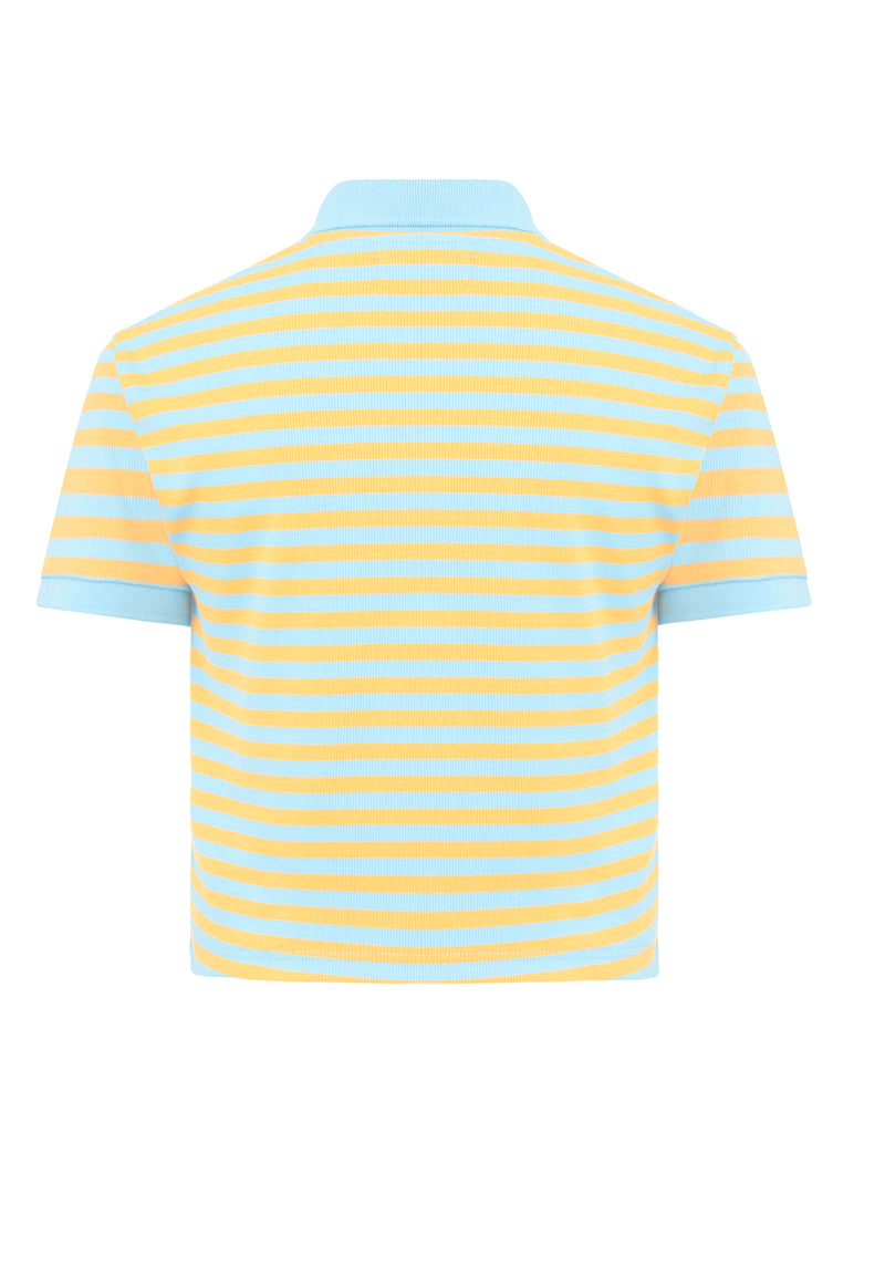 Back of the Blue and Orange Retro Striped Ladies Polo T-Shirt by Gen Woo