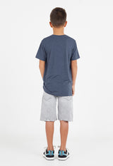 Back view as the young boy wears the Boys Classic Crew Neck Navy T-Shirt by Gen Woo
