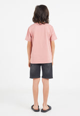 Back view as the young boy wears the Boys Classic Crew Neck Salmon T-Shirt by Gen Woo
