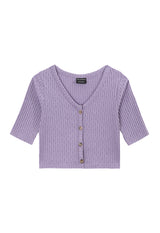 Front of the Purple Pointelle Henley Girls Cropped Top by Gen Woo