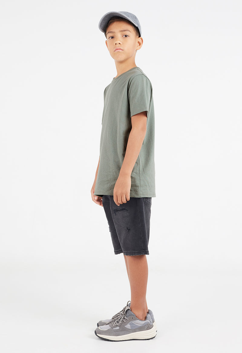 Side view as the young boy wears the Boys Classic Crew Neck Sage Green T-Shirt by Gen Woo