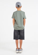 Back view as the young boy wears the Boys Classic Crew Neck Sage Green T-Shirt by Gen Woo