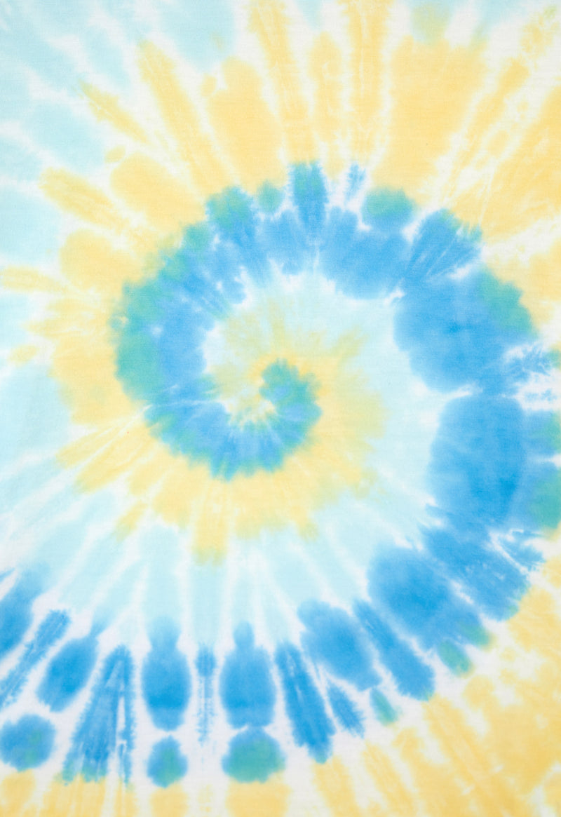 Close-up of the Boys Blue and Yellow Spiral Tie-Dye T-Shirt by Gen Woo 