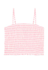 Front of the Gingham Shirred Strappy Girls Crop Top by Gen Woo