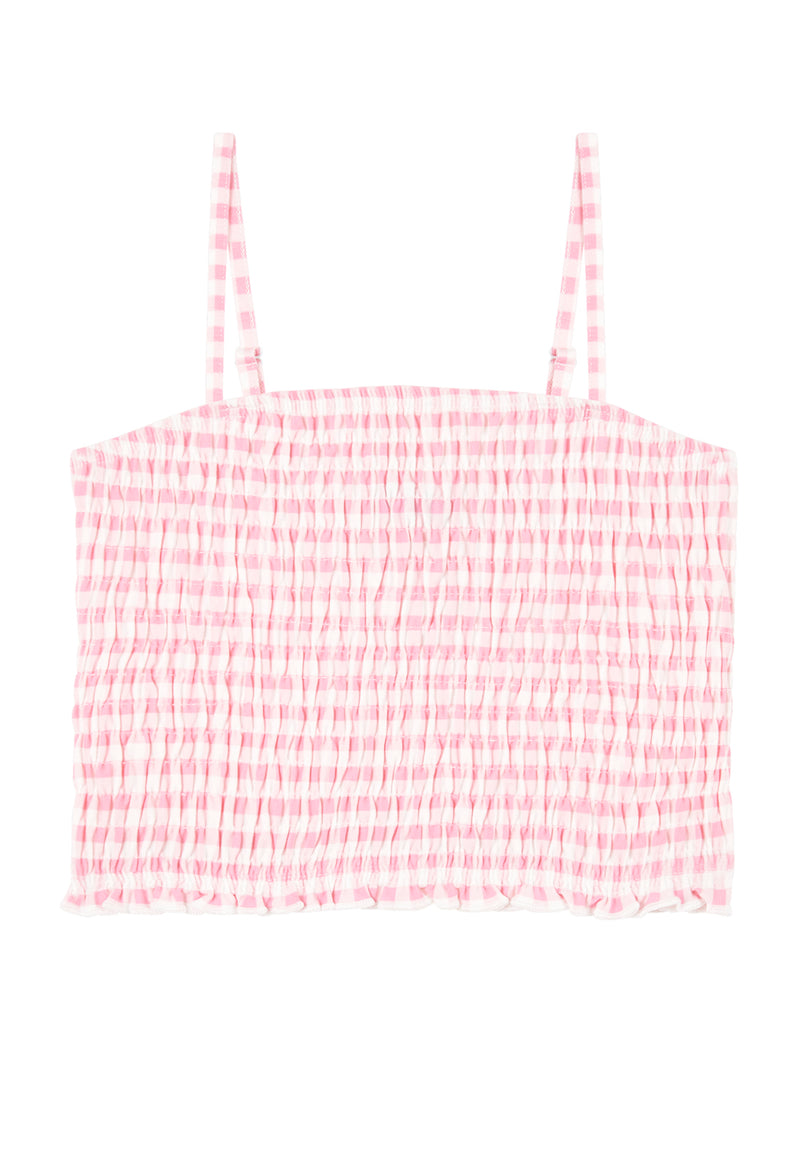 Front of the Gingham Shirred Strappy Girls Crop Top by Gen Woo