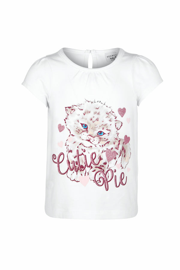 White T-shirt with Kitten print and glitter slogan by Gen Woo