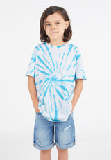 Close-up as the young boy wears the Boys Blue and White Tie-Dye T-Shirt by Gen Woo with denim shorts