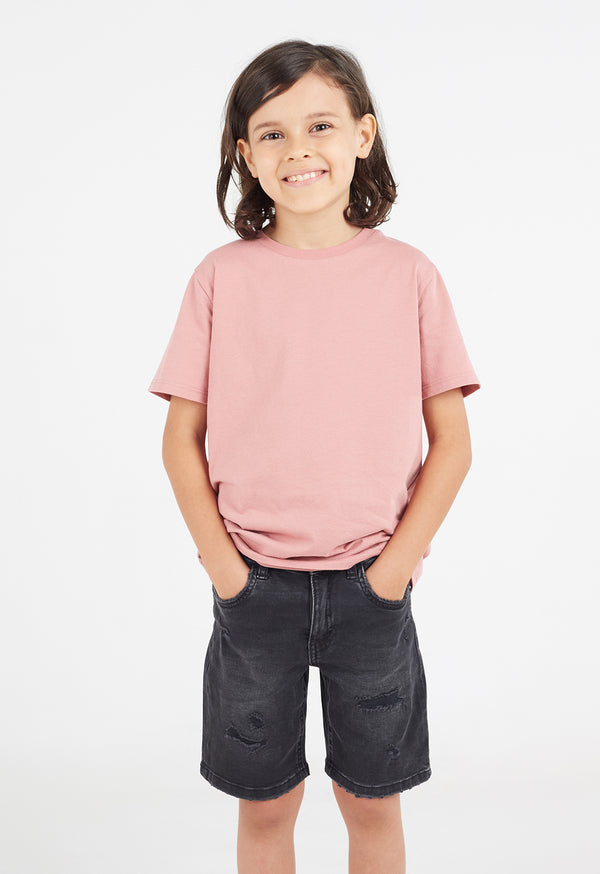 The young boy wears the Boys Classic Crew Neck Salmon T-Shirt by Gen Woo