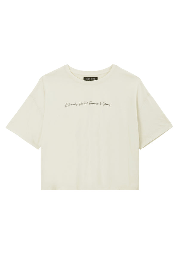 Front of the Ladies Boxy Cropped Slogan T-Shirt by Gen Woo