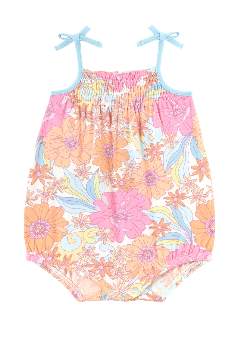 Front of the Apricot and Pink Printed Floral Baby Romper by Gen Woo