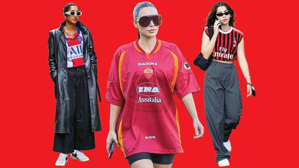 Football fever and ‘blokecore’ style have officially kicked into the fashion mainstream. Graphic of football-inspired fashion featuring Kim Kardashian. Image: Getty Images