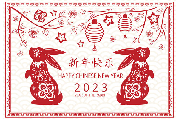 Two red rabbits, with the words 'Happy Chinese New Year, 2023 Year of the Rabbit' sitting between them.