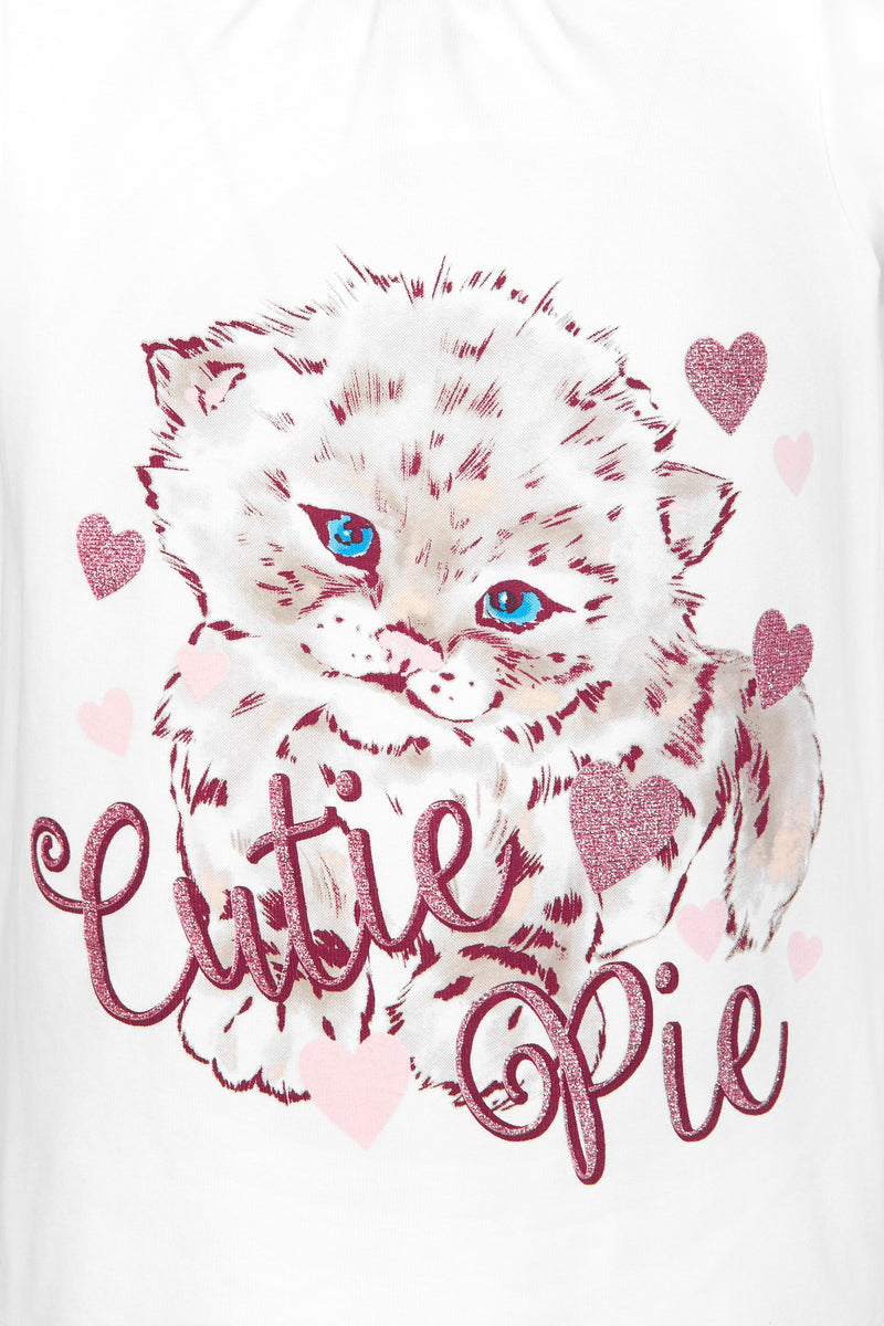 White T-shirt with Kitten print and glitter slogan " Cutie Pie" by Gen Woo