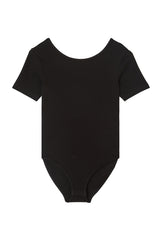 Front of the Black Ribbed Short Sleeve Girls Bodysuit by Gen Woo 