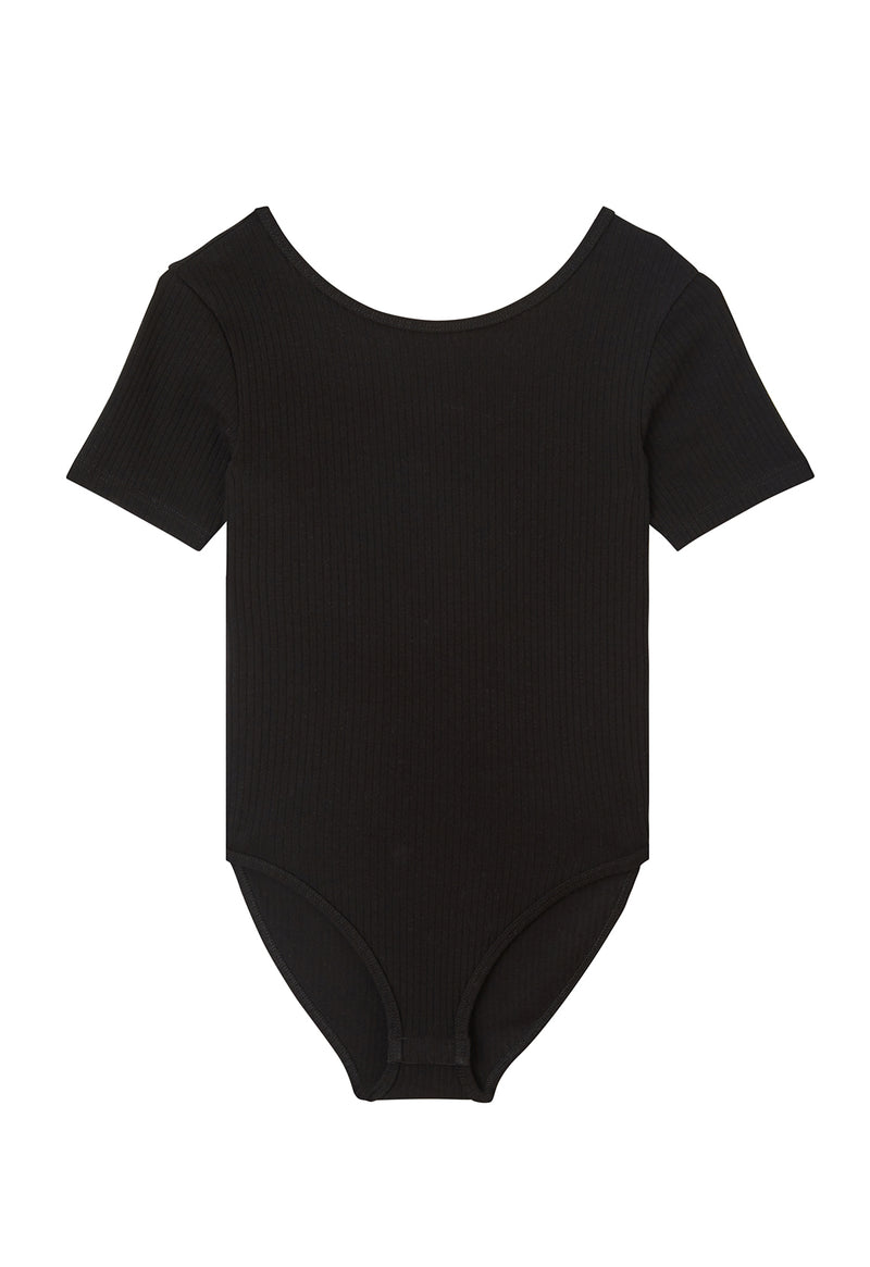 Black Ribbed Short Sleeve Girls Bodysuit