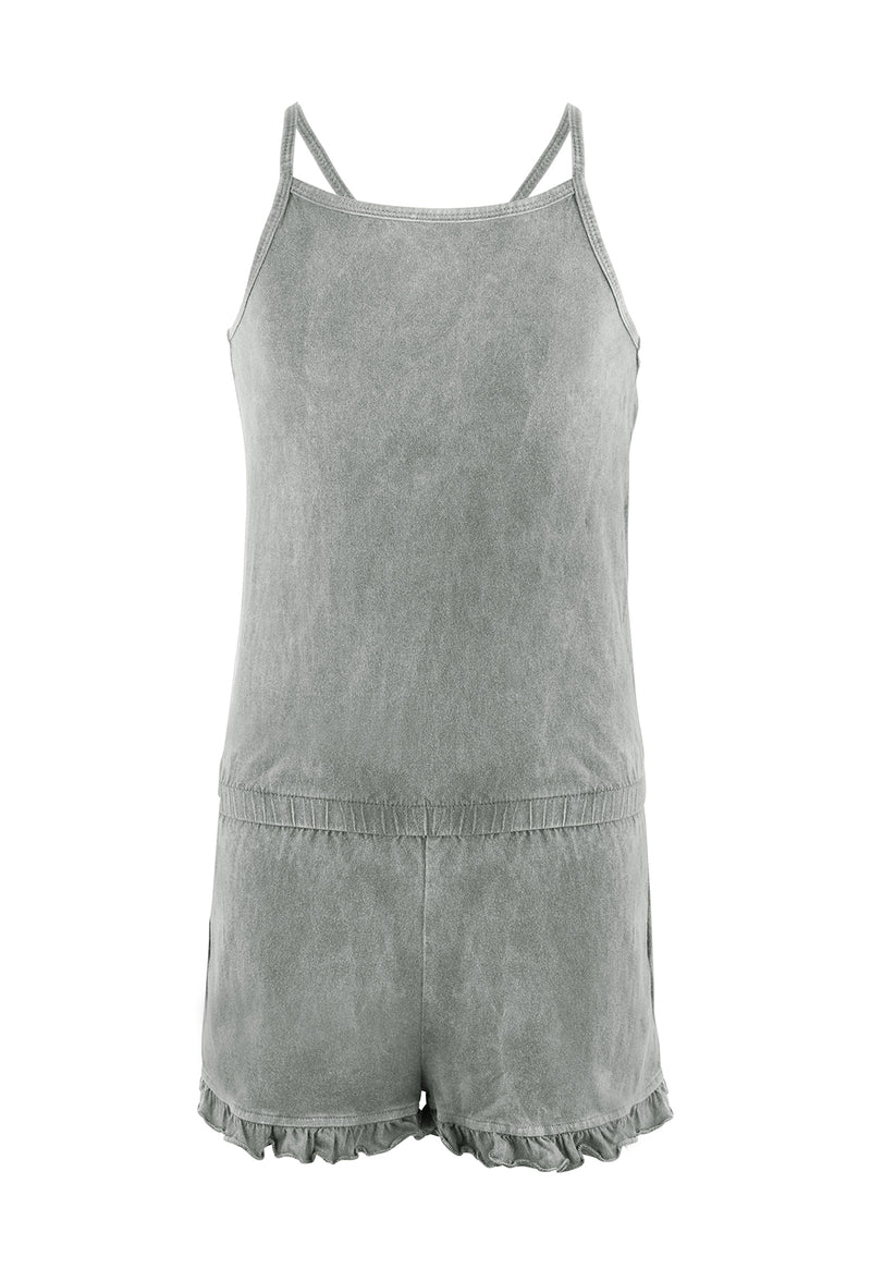 Front of the Wash Effect Girls Summer Jumpsuit by Gen Woo