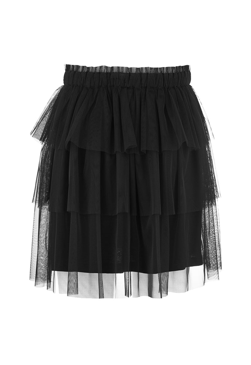 Front of the Black Mesh Tiered Knee-Length Girls Skirt by Gen Woo