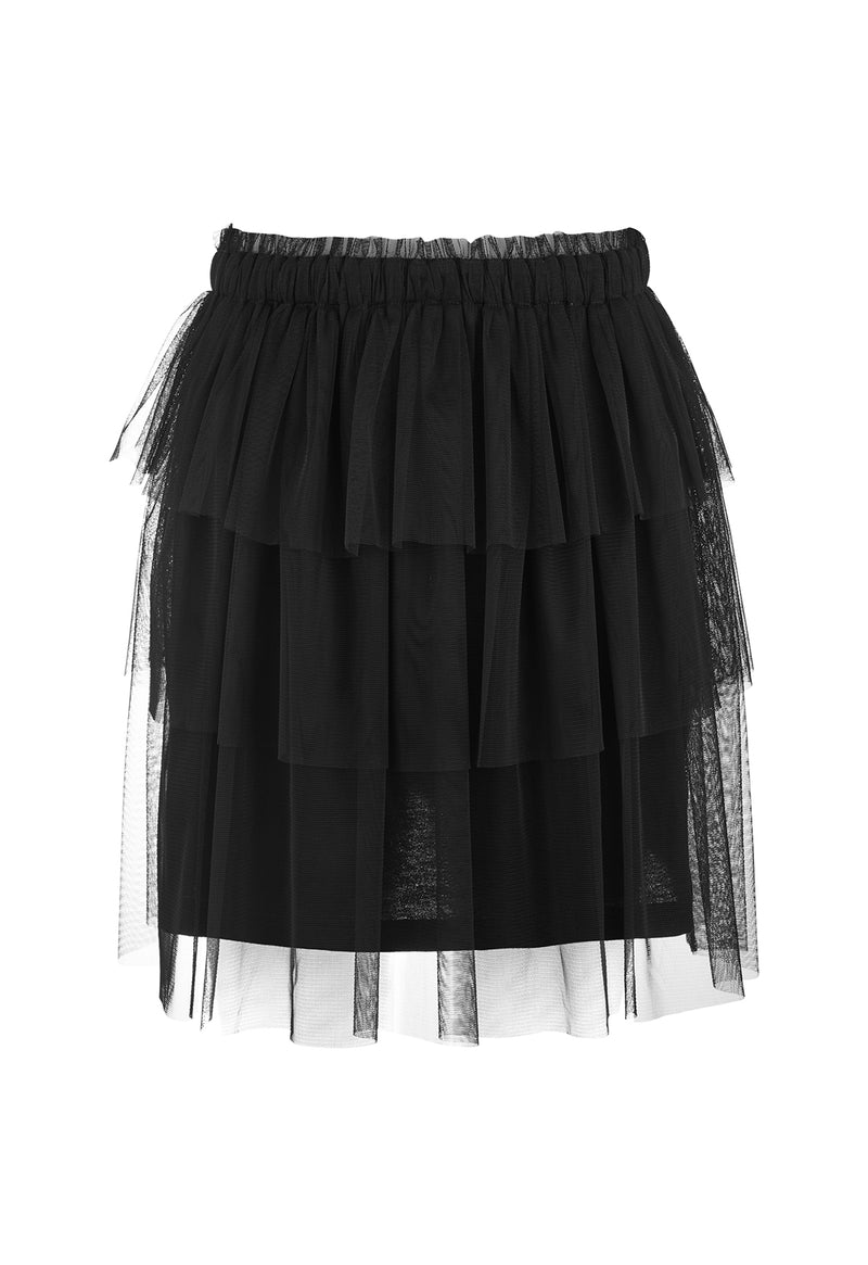 Back of the Black Mesh Tiered Knee-Length Girls Skirt by Gen Woo