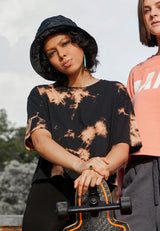 Model wears Ladies Black Acid Wash Boxy T-Shirt by Gen Woo.
