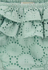 Close-up of the Mint Broderie Frill Baby Bloomers by Gen Woo