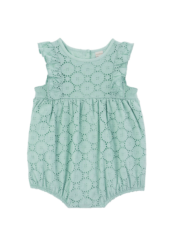 Front of the Mint Broderie Cotton Baby Romper by Gen Woo