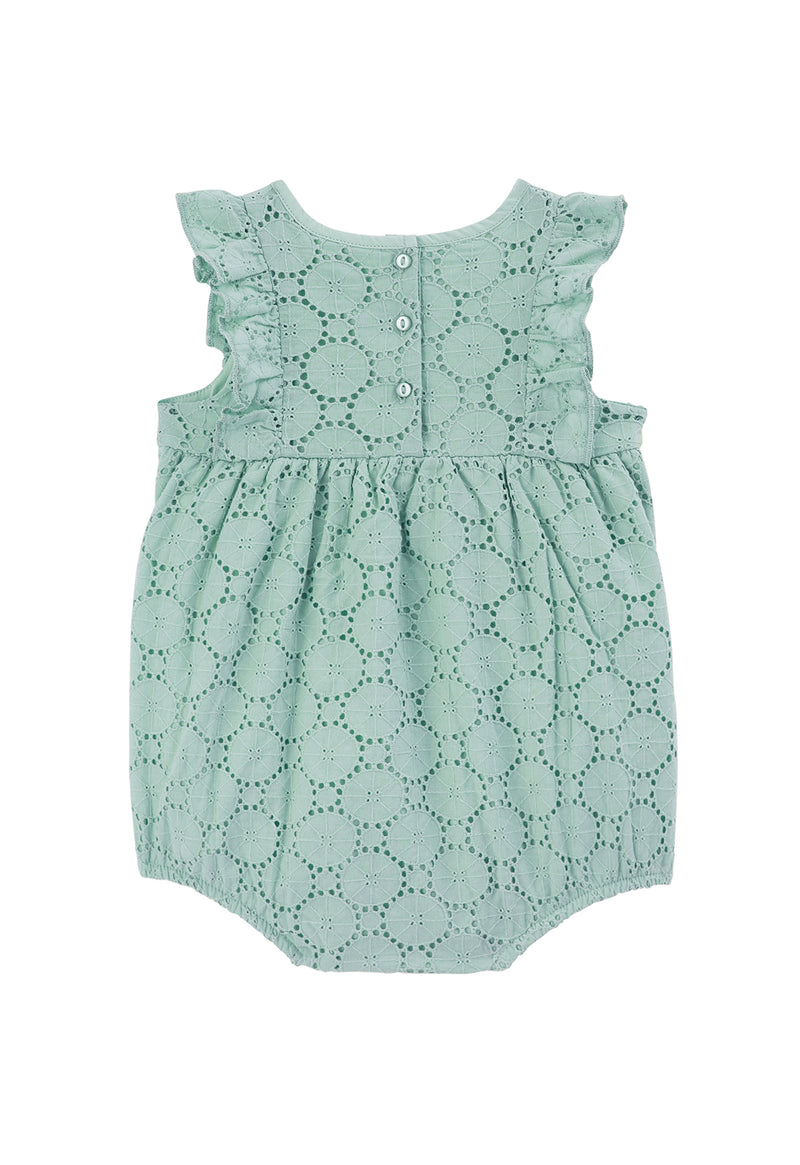 Back of the Mint Broderie Cotton Baby Romper by Gen Woo