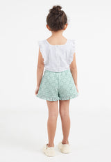 Back model view of Girls Blue Broderie Peplum Shorts by Gen Woo.