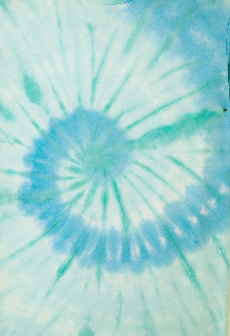 Close-up of the Boys Aqua and Mint Spiral Tie-Dye T-Shirt by Gen Woo 