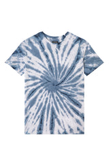 Boys T-shirt by Gen Woo. Our crew neck tie dye t-shirt features 1x1 rib neck binding along with twin needle stich finish at hem. The navy tie dye design t-shirt has a standard length and body fit. Please note that each tie dye piece is 100% unique. – Front view
