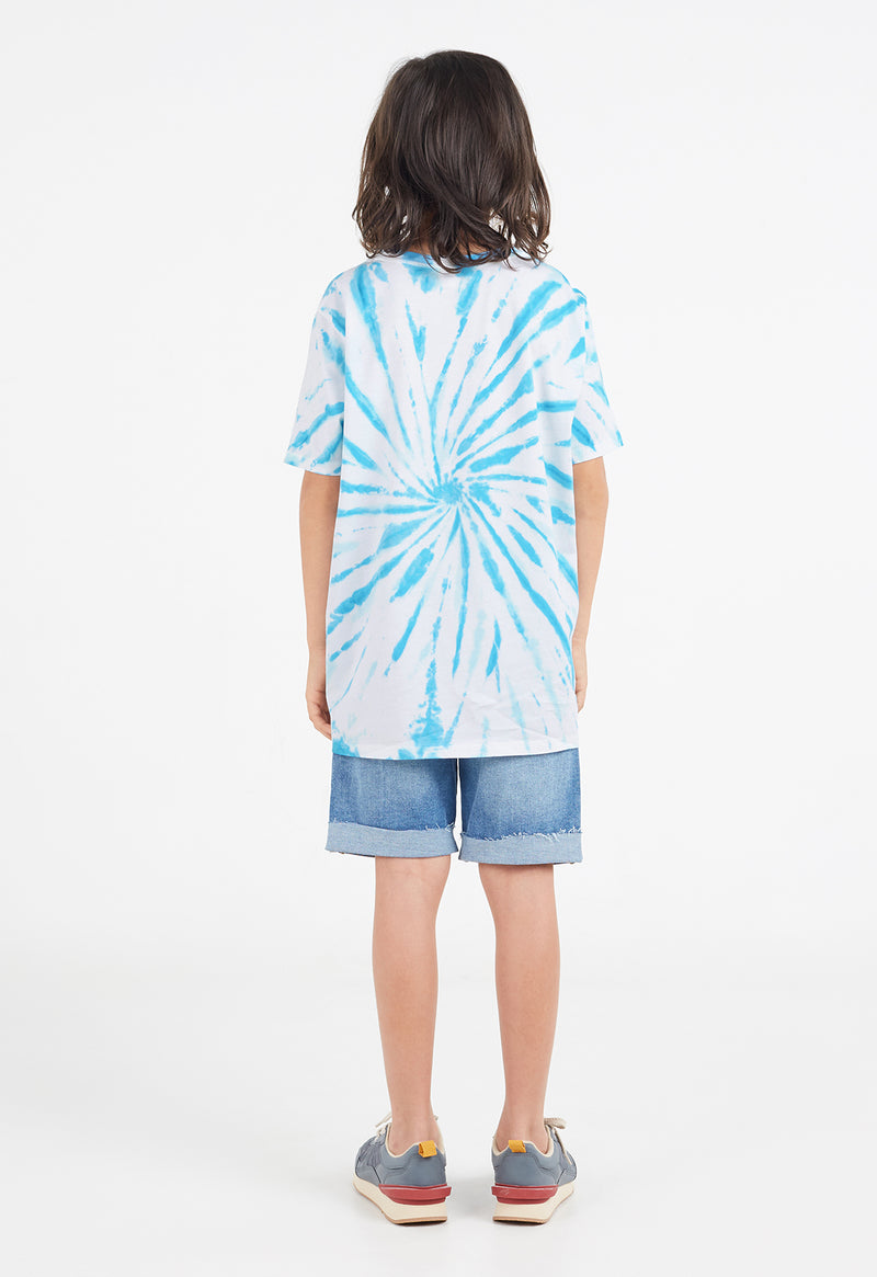 Blue and White Spiral Tie Dye BSCI cotton T-shirt for Boys by Gen Woo Kids