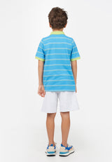 Back view of model wearing Blue Striped Boys Polo T-Shirt by Gen Woo.